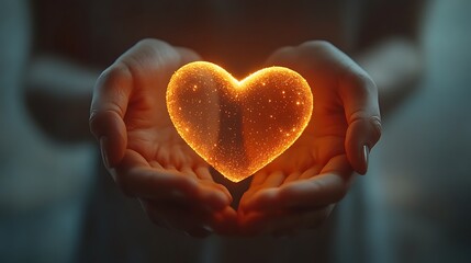 A glowing heart shape held gently in open human hands