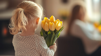 Naklejka premium Little girl surprises her mother with a bouquet of tulips at home mother's day concept happy mom and daughter family holiday and togetherness back view