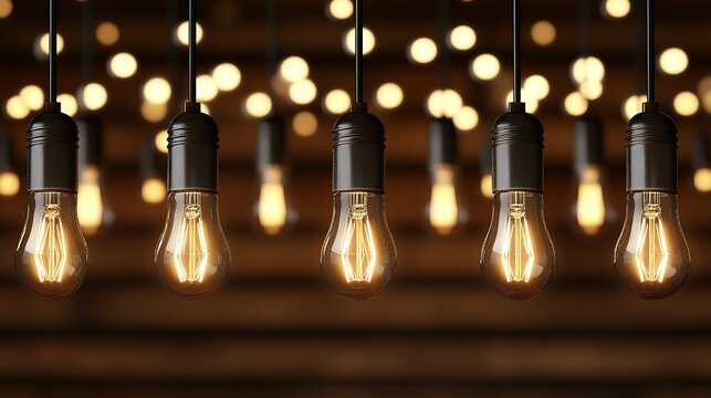 Hanging incandescent light bulbs illuminating a dark rustic interior space