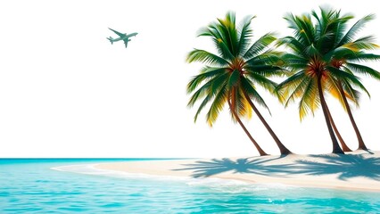 Tropical escape with crystal water, sandy beaches and tall palm trees under a clear sky as a plane soars in the distance, a perfect vacation.