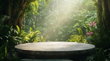 stone podium in a lush tropical rainforest, surrounded by exotic green foliage and with soft sunlight filtering through. generative ai