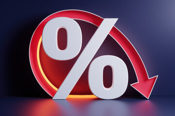 Dynamic Percentage Decline Symbol with Red Arrow and Warm Glow on Dark Background