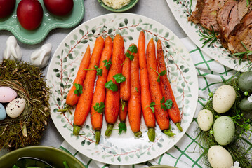 Easter baked carrots, green beans and boiled potatoes.top veiw
