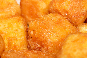 Close up of Square Cooked Crispy Fried Battered Tofu Soy