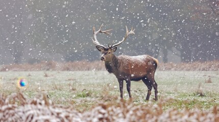 Obraz premium red deer stag winter snowfall