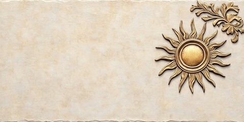 vintage summer postcard, summer equinox postcard template with golden sun emblem, floral engravings, and parchment background, features classic text area for customization