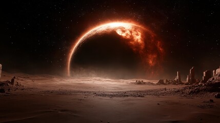 A striking view of a distant alien planet, engulfed in a dramatic sunset, with glowing elements filling the horizon and creating an atmosphere of intrigue and exploration.