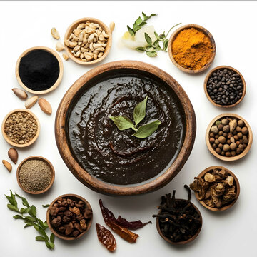 Create an image of a bowl filled with Chyawanprash surrounded by its original 52 Ayurvedic ingredients The ingredients should be arranged artfully around the bowl to sh