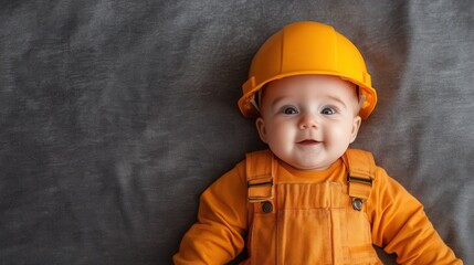 An adorable baby in a vibrant orange outfit and a yellow construction helmet, grinning joyfully, representing innocence and the playful spirit of childhood in a delightful composition.