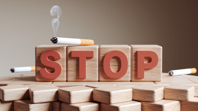 Bold Message to Quit Smoking: Wooden Blocks Spelling 'STOP' with Cigarettes and Smoke Effect in a Minimalist Setting