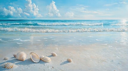 Seashells lay on the soft, sandy shore, gently caressed by the waves. The bright blue sky and fluffy clouds reflect the tranquility of a peaceful afternoon by the sea