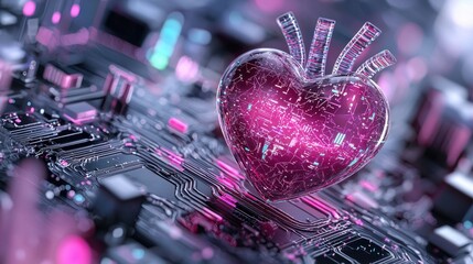 A glowing heart symbol sits prominently on a dark circuit board, illustrating the connection between technology and human emotions in a digital world