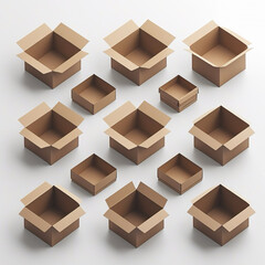 An arrangement of fifteen open, empty brown cardboard boxes of varying sizes on a light gray surface. They are organized in a grid-like pattern.