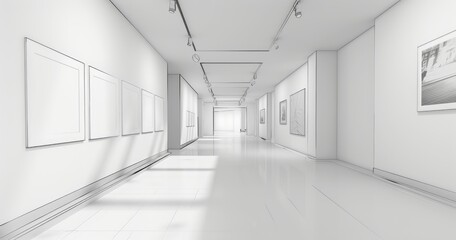Fototapeta premium 3D simple storyboard sketch of a gallery , line drawing, black and white