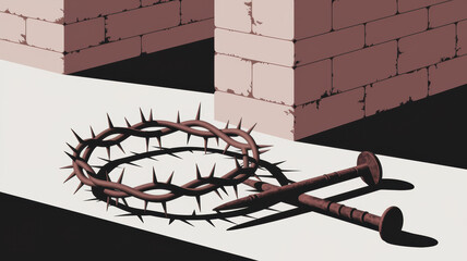 Symbolic Representation of Suffering and Sacrifice with Crown of Thorns and Nails on Stark Monochromatic Background