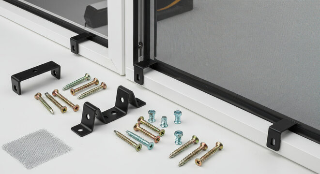 Mosquito screen installation hardware and tools on a work surface  