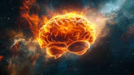 Obraz premium Flaming brain in cosmic nebula space. Memory Dust. Illustration