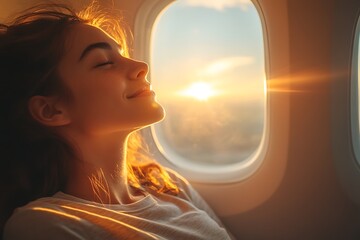 Woman Relaxing Airplane Sunset.
