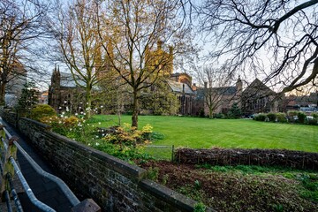 The view of the city of Chester, England as seen from the City Wall that surrounds the interior of the city.  The city wall was constructed during the 1st - 3rd centuries