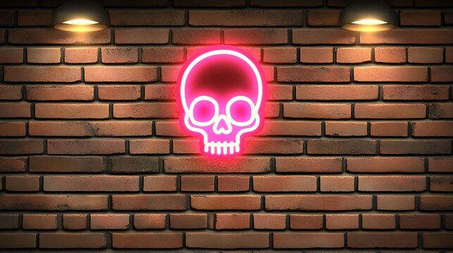 A glowing neon skull is displayed on a brick wall