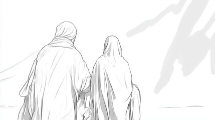 Obraz premium Continuous one line drawing muslim couples wife and husband wearing white traditional clothes for Ihram ready for Hajj. Hajj and umrah concept. Single line draw design vector graphic illustration. 