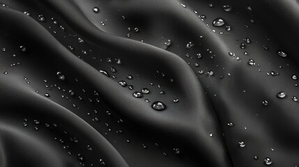 Smooth black fabric displays a series of water droplets scattered across its surface, highlighting the contrast between the sheen of the material and the droplets