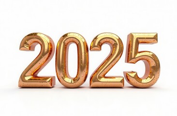 Golden "2025" balloons on white background.