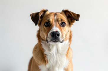 Close-up of a happy brown dog with white markings on a neutral background.