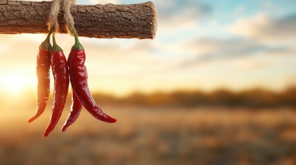 A rustic display of fresh red chilies hanging from a wooden beam, beautifully lit by the warm glow of the sunset, creating a cozy and inviting ambiance.