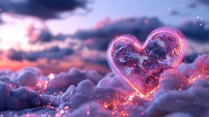 A luminous heart shape emerges from fluffy clouds during a breathtaking sunset. Soft pinks and purples fill the sky, creating a magical atmosphere of warmth and romance