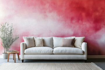 A living room interior with a white sofa and colorful wall
