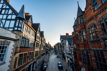 The view of the city of Chester, England as seen from the City Wall that surrounds the interior of the city.  The city wall was constructed during the 1st - 3rd centuries