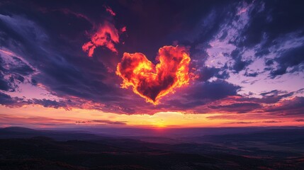 Fototapeta premium Warm hues fill the sky as the sun sets behind distant mountains, forming a heart shape in the clouds. The scene evokes feelings of love and tranquility at dusk