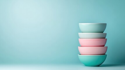 A collection of neatly stacked colorful bowls creates a pleasing composition, showcasing a playful and modern aesthetic against a calming blue backdrop.