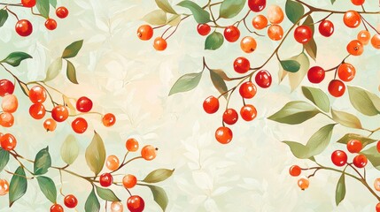 Delicate clusters of bright red and orange berries are intertwined with green leaves set against a soft pastel backdrop, creating a warm and inviting atmosphere perfect for decor