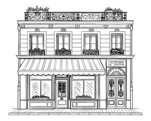 parisian charming store front engraving vector illustration