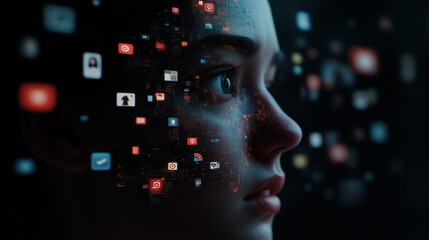 A teenager's face dissolving into tiny pixelated icons of social media apps, as if their identity is fading into the digital world. Their eyes are hollow, with reflections of notifications in them.