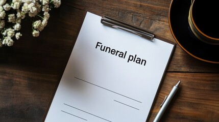 Funeral plan document on wooden table