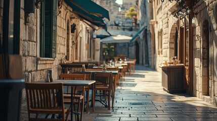 Fototapeta premium Charming European cafe scene with outdoor seating. A quaint and inviting atmosphere, perfect for leisurely dining and conversation.