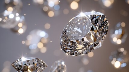 Sparkling diamonds floating in mid-air against a sof