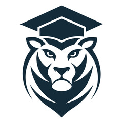 Education Logo Vector Illustration, Fierce Lion with Graduation Cap Design.