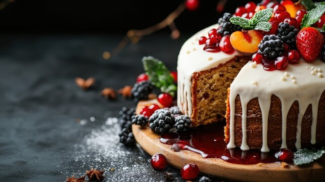 A beautiful layered cake adorned with seasonal fruits and a drizzle of sauce, showcasing an elegant and artistic flair, perfect for celebrations or as a sweet centerpiece at gatherings.