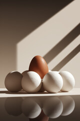 Artistic Arrangement of White and Brown Eggs Casting Shadows in Soft Natural Light