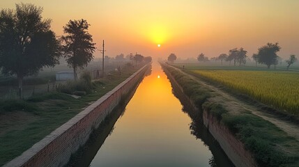 Fototapeta premium The sunrise is reflected in a serene waterway, with a golden sky merging with green fields. generative ai