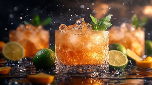 Glasses of Moscow Mule with ice, lime and mint. Refreshing citrus cocktail served with vibrant elements. Elegant glass presentation. National Moscow Mule Day celebration