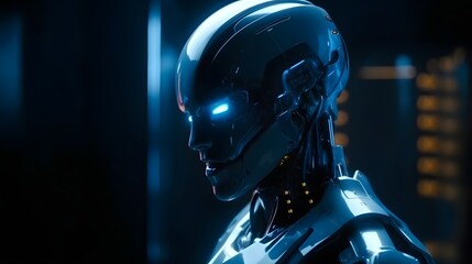 Futuristic Cybernetic Being: A close-up shot of an advanced cybernetic being, its face a sleek combination of metal and glowing blue lights, suggesting intelligence and futuristic technology.