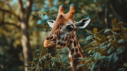 Obraz premium A photo of a standing giraffe eating leaves