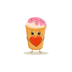 Happy cartoon ice cream with red heart isolated on white background. Cute croissant in flat style for card, menu, valentines day. Vector illustration
