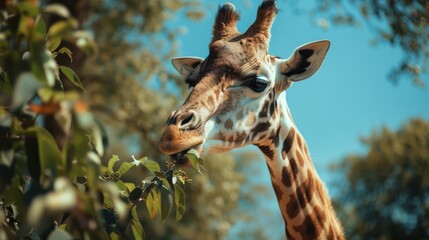 Obraz premium A photo of a standing giraffe eating leaves