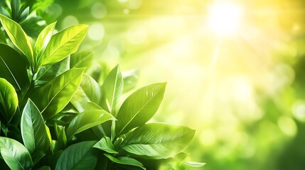 Bright green leaves illuminated with sunny light in outdoor nature